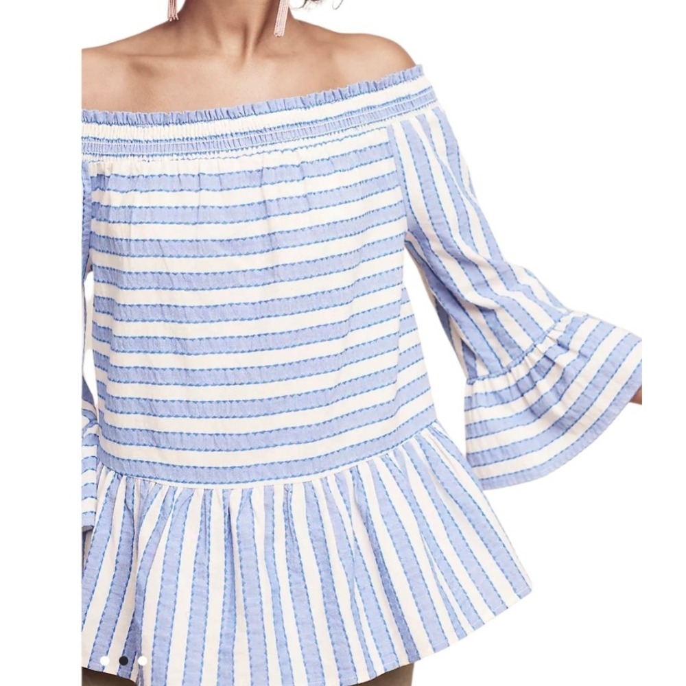 NEW Maeve Blue White Striped Cotton‎ Off Shoulder Small Bell Sleeve Peplum Boho